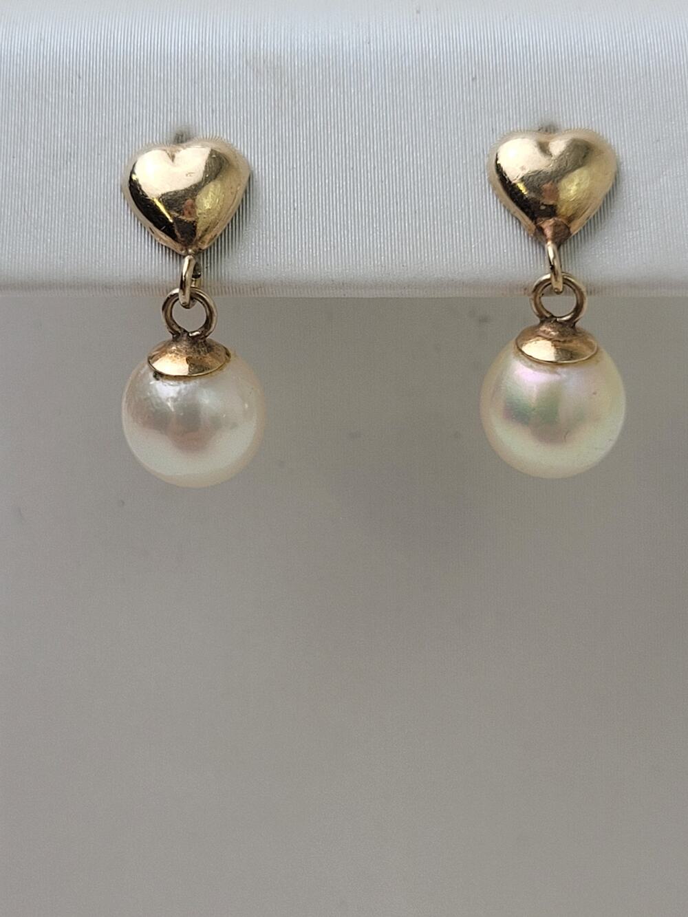 14K Yellow Gold Heart & Authentic Pearl Drop Earrings